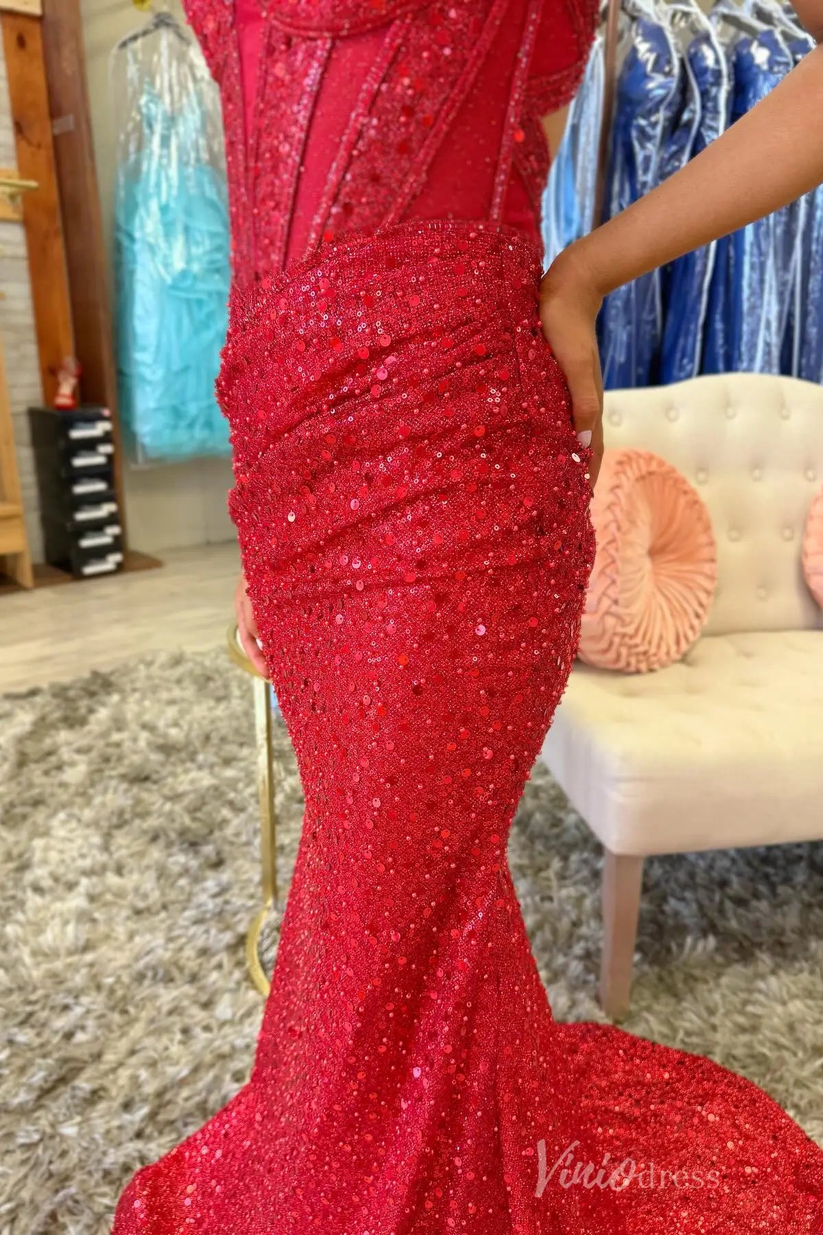 Red Sequin Prom Dress with Sweetheart Corset Bodice, Spaghetti Straps, Ruched Skirt, and Lace-Up Back – SS075-prom dresses 2025 -Viniodress-Red-Custom Size-