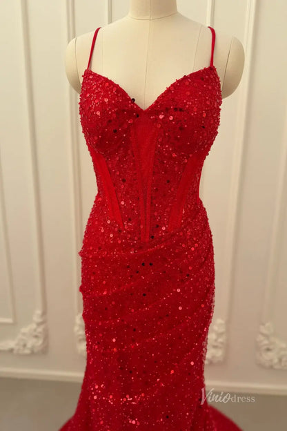Red Sequin Prom Dress with Sweetheart Corset Bodice, Spaghetti Straps, Ruched Skirt, and Lace-Up Back – SS075-prom dresses 2026-Viniodress-Red-Custom Size – Add Measurements in Cart-