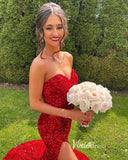 Red Sequin Prom Dresses with Slit Mermaid Strapless Evening Dress FD3311S-prom dresses-Viniodress-Viniodress