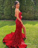 Red Sequin Prom Dresses with Slit Mermaid Strapless Evening Dress FD3311S-prom dresses-Viniodress-Viniodress