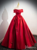 Red Shiny Satin Cheap Prom Dresses Off the Shoulder Formal Gown 90070