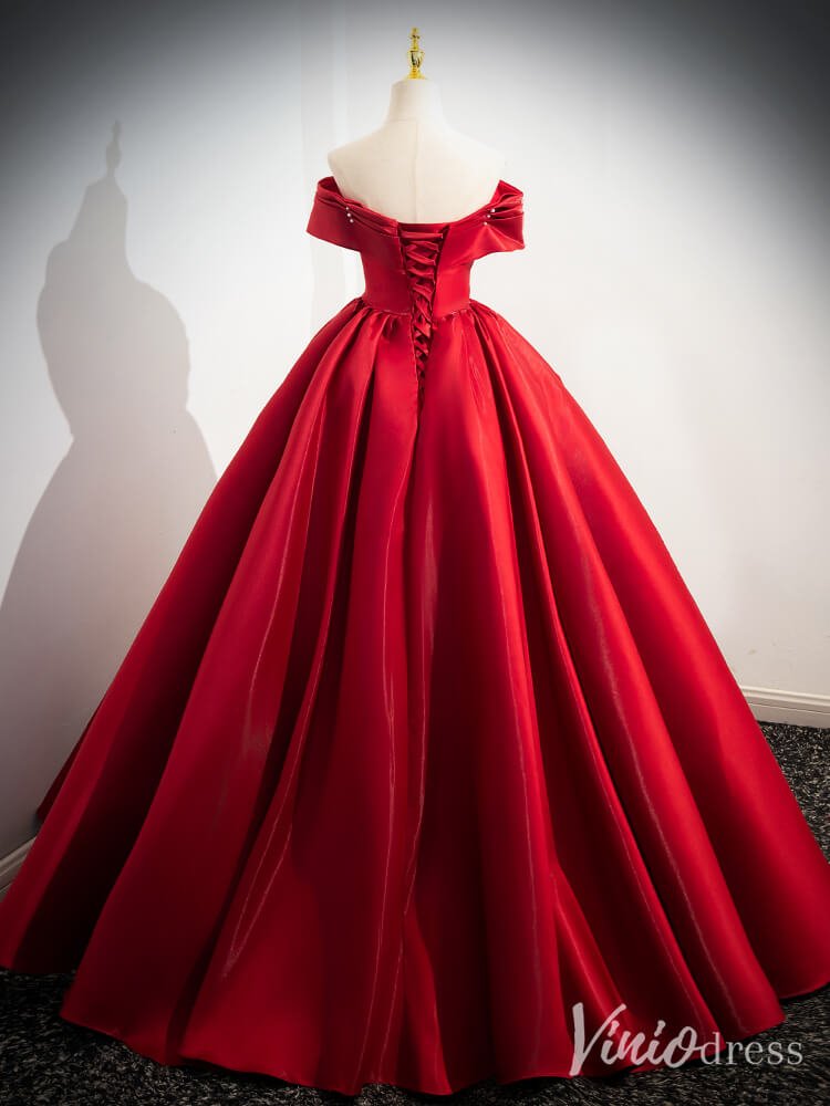 Red Shiny Satin Prom Dresses Off the Shoulder Formal Gown 90070-prom dresses 2025 -Viniodress-Red-Custom Size-