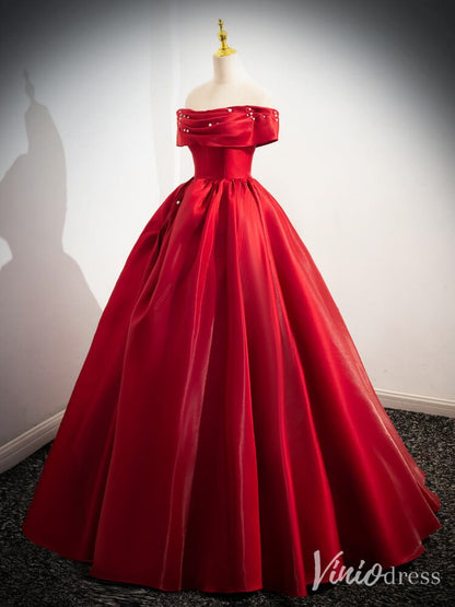 Red Shiny Satin Prom Dresses Off the Shoulder Formal Gown 90070-prom dresses 2025 -Viniodress-Red-Custom Size-