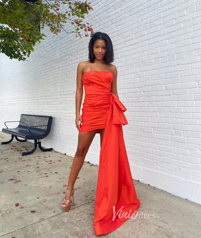 Red Side Skirt Prom Dresses Strapless Evening Dress with Bow FD3612-prom dresses 2025 -Viniodress-Red-Custom Size-