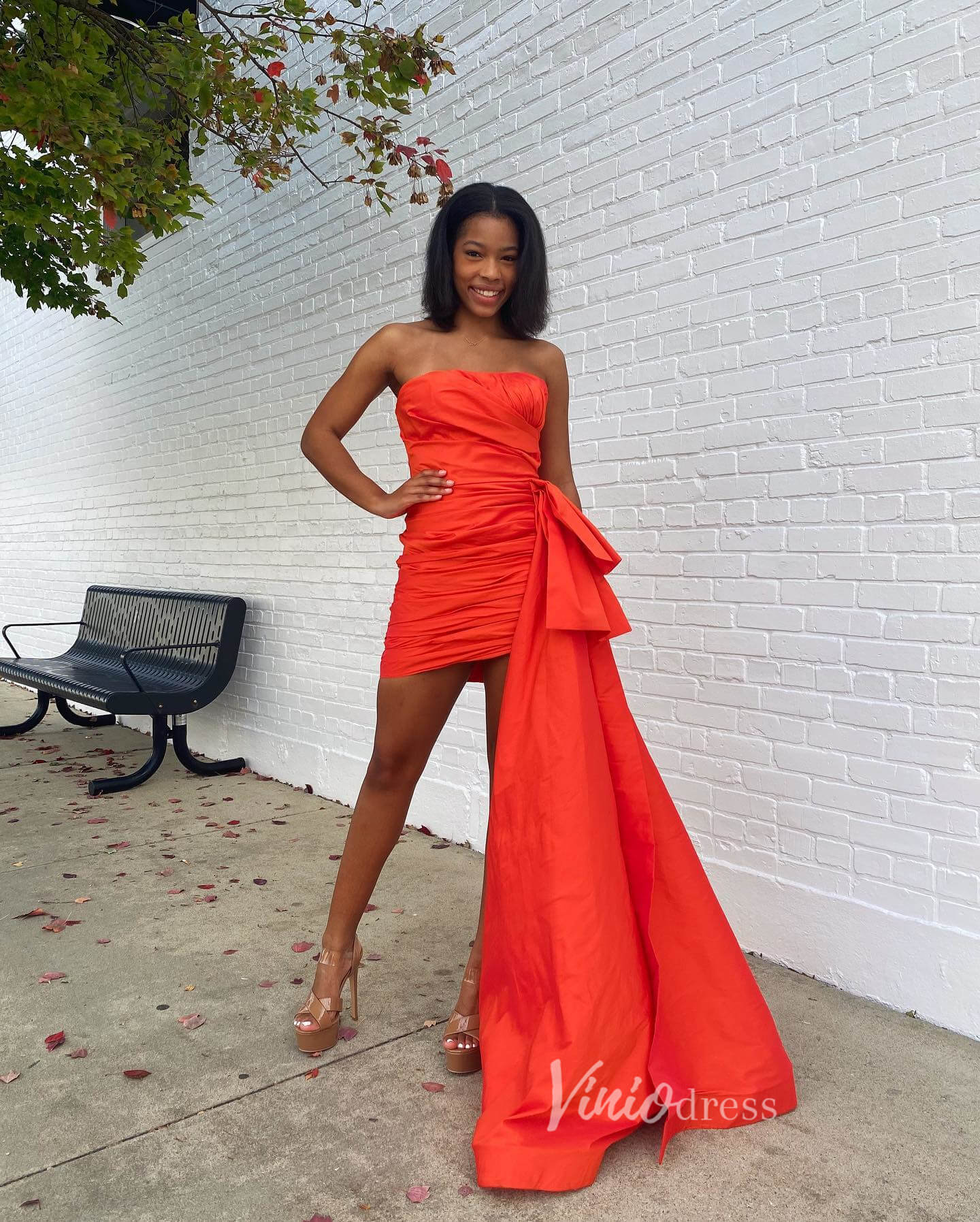 Red Side Skirt Prom Dresses Strapless Evening Dress with Bow FD3612-prom dresses 2025 -Viniodress-Red-Custom Size-