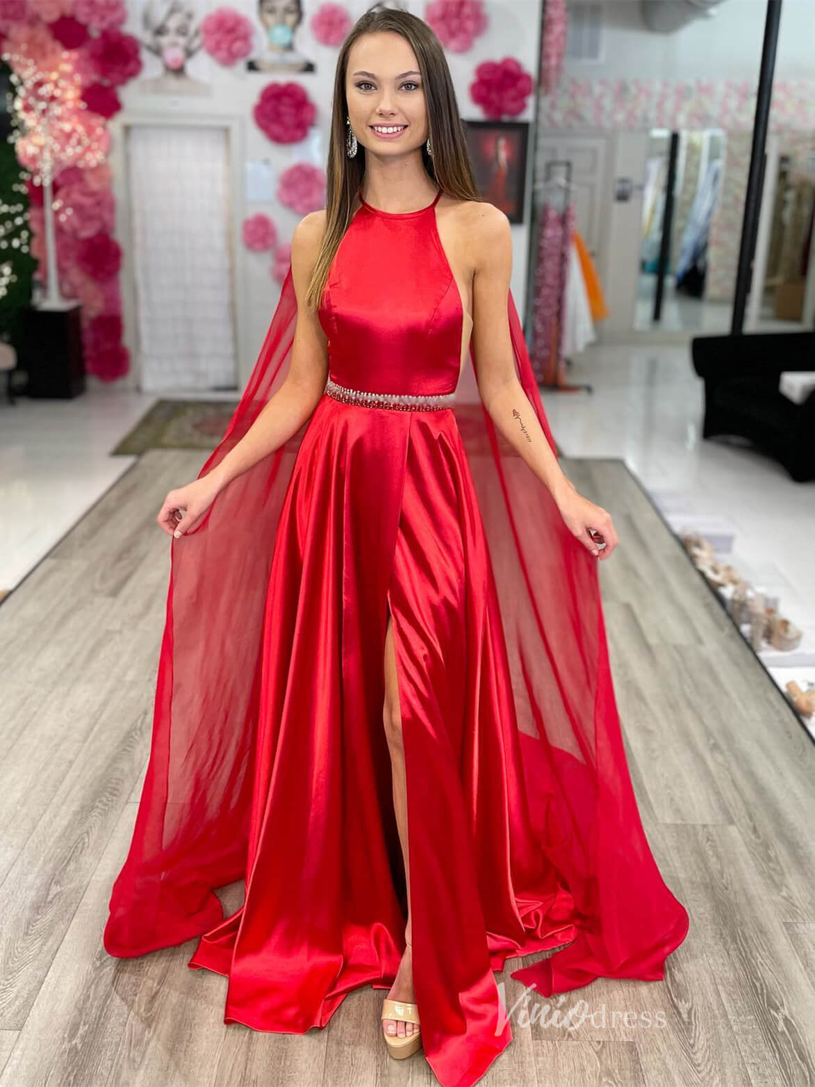 Red Silky Satin Prom Dresses with Slit Removable Cape Sleeve Halter Neck FD3991-prom dresses 2025 -Viniodress-Red-Custom Size-