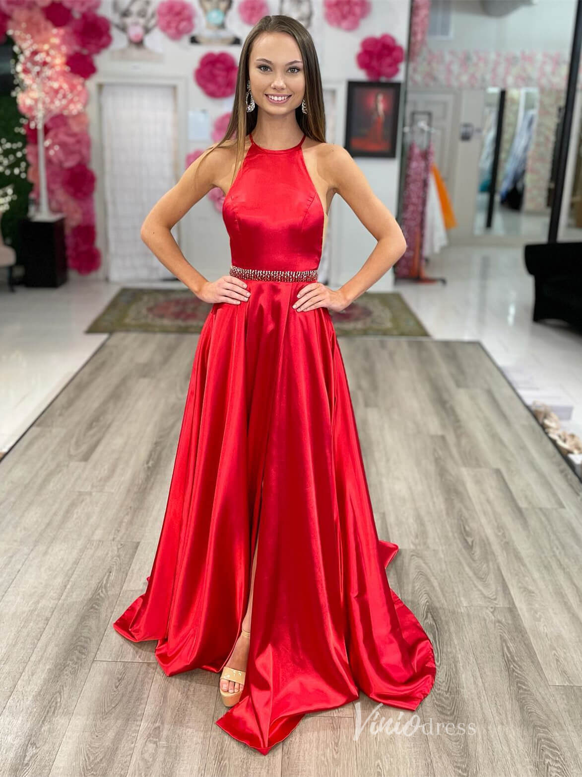 Red Silky Satin Prom Dresses with Slit Removable Cape Sleeve Halter Neck FD3991 - Viniodressprom dressesRedCustom Size - Formal Dresses - Ball Gowns