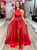 Red Silky Satin Prom Dresses with Slit Removable Cape Sleeve Halter Neck FD3991