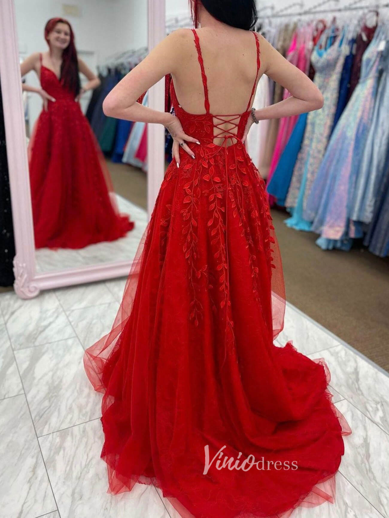Red Spaghetti Strap Prom Dresses Lace Applique Evening Dress FD3089-prom dresses 2025 -Viniodress-Red-Custom Size-