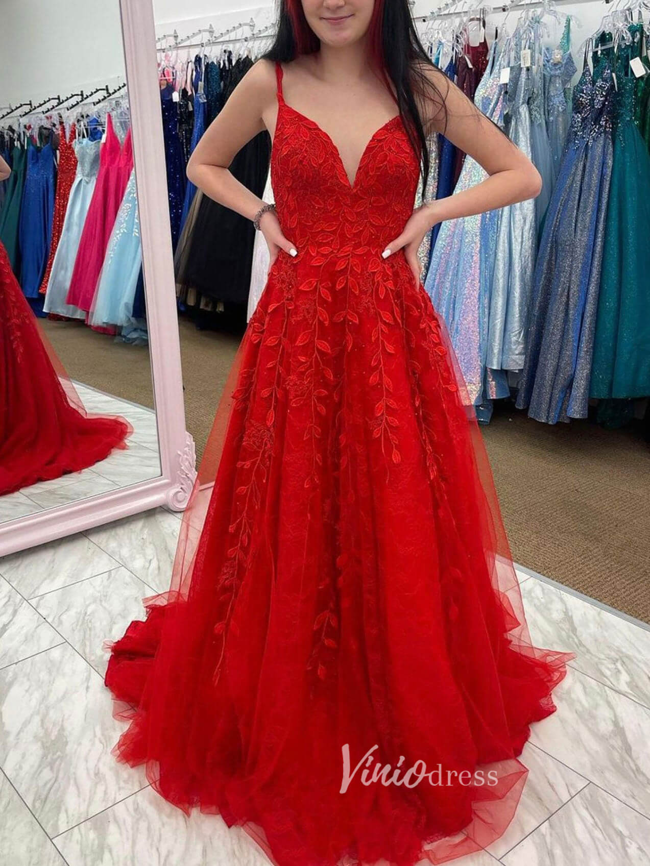 Prom Dress 2025 Red Spaghetti Strap Prom Dresses Lace Applique Evening Dress FD3089-unique prom dresses-Red-Custom Size-Viniodress