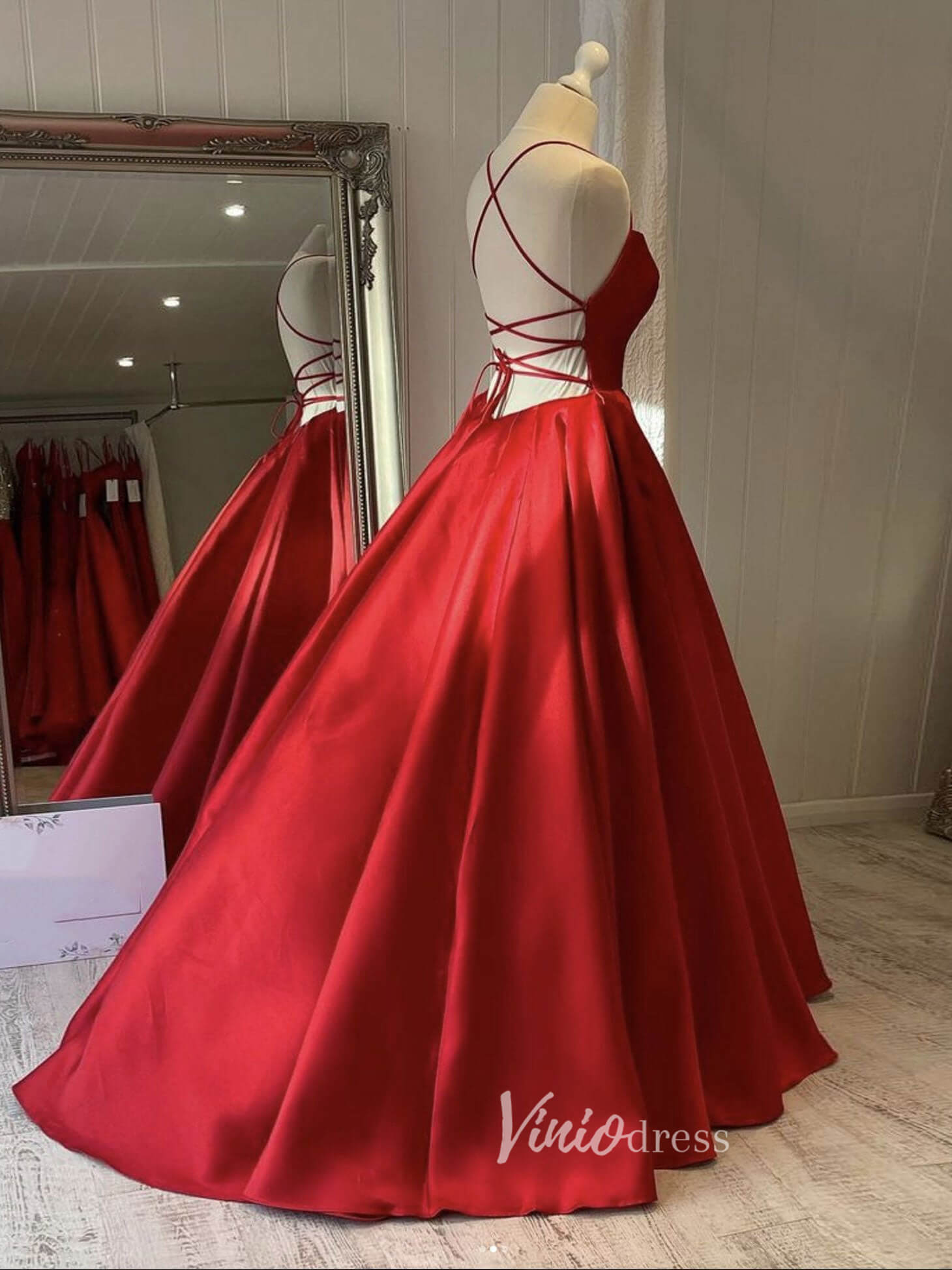 Red Spaghetti Strap Prom Dresses Satin A-Line Evening Dress FD3082-prom dresses 2025 -Viniodress-Red-Custom Size-