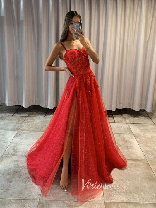 Prom Dress 2025 Red Spaghetti Strap Prom Dresses With Slit Lace Applique Evening Dress FD3081B-unique prom dresses-Red-Custom Size-Viniodress