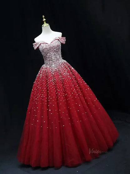 Red Sparkly Beaded Prom Dresses Off the Shoulder Quinceanera Dresses SU050-prom dresses 2025 -Viniodress-Red-Custom Size-