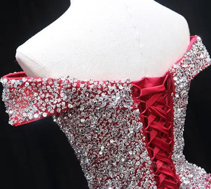 Red Sparkly Beaded Prom Dresses Off the Shoulder Quinceanera Dresses SU050-prom dresses 2025 -Viniodress-Red-Custom Size-