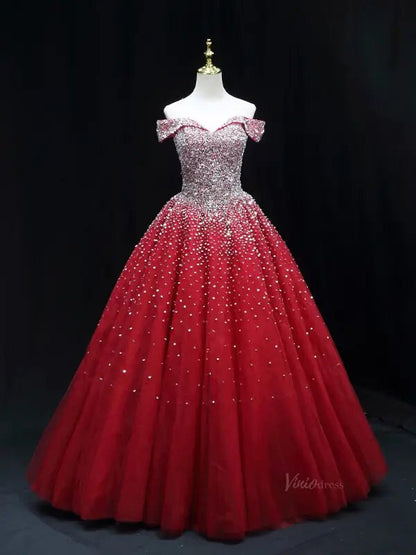 Red Sparkly Beaded Prom Dresses Off the Shoulder Quinceanera Dresses SU050-prom dresses 2025 -Viniodress-Red-Custom Size-