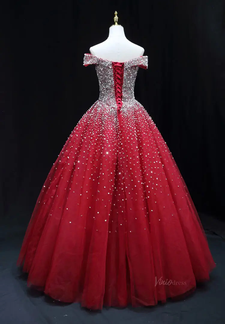 prom dresses 2025 Red Sparkly Beaded Prom Dresses Off the Shoulder Quinceanera Dresses SU050-plus size wedding dresses Viniodress-Red-Custom Size-