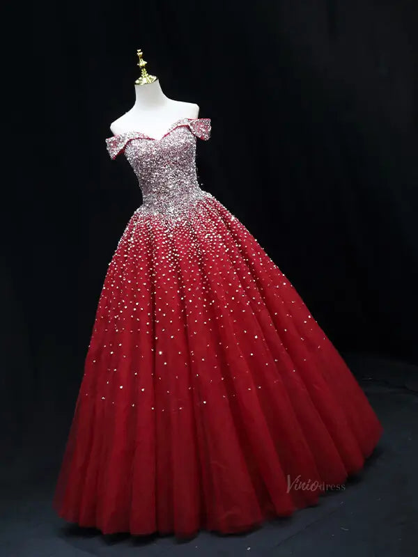 prom dresses 2025 Red Sparkly Beaded Prom Dresses Off the Shoulder Quinceanera Dresses SU050-plus size wedding dresses Viniodress-Red-Custom Size-