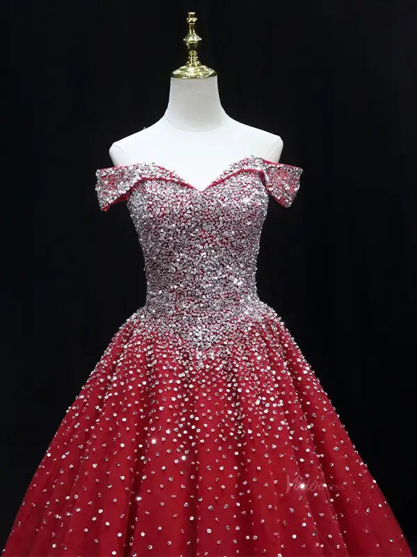 Red Sparkly Beaded Prom Dresses Off the Shoulder Quinceanera Dresses SU050 - Viniodressprom dressesRedCustom Size - Formal Dresses - Ball Gowns