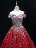 prom dresses 2025 Red Sparkly Beaded Prom Dresses Off the Shoulder Quinceanera Dresses SU050-plus size wedding dresses Viniodress-Red-Custom Size-