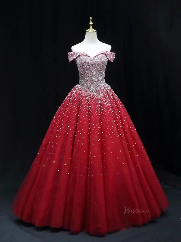 Red Sparkly Beaded Prom Dresses Off the Shoulder Quinceanera Dresses SU050 - Viniodressprom dressesRedCustom Size - Formal Dresses - Ball Gowns