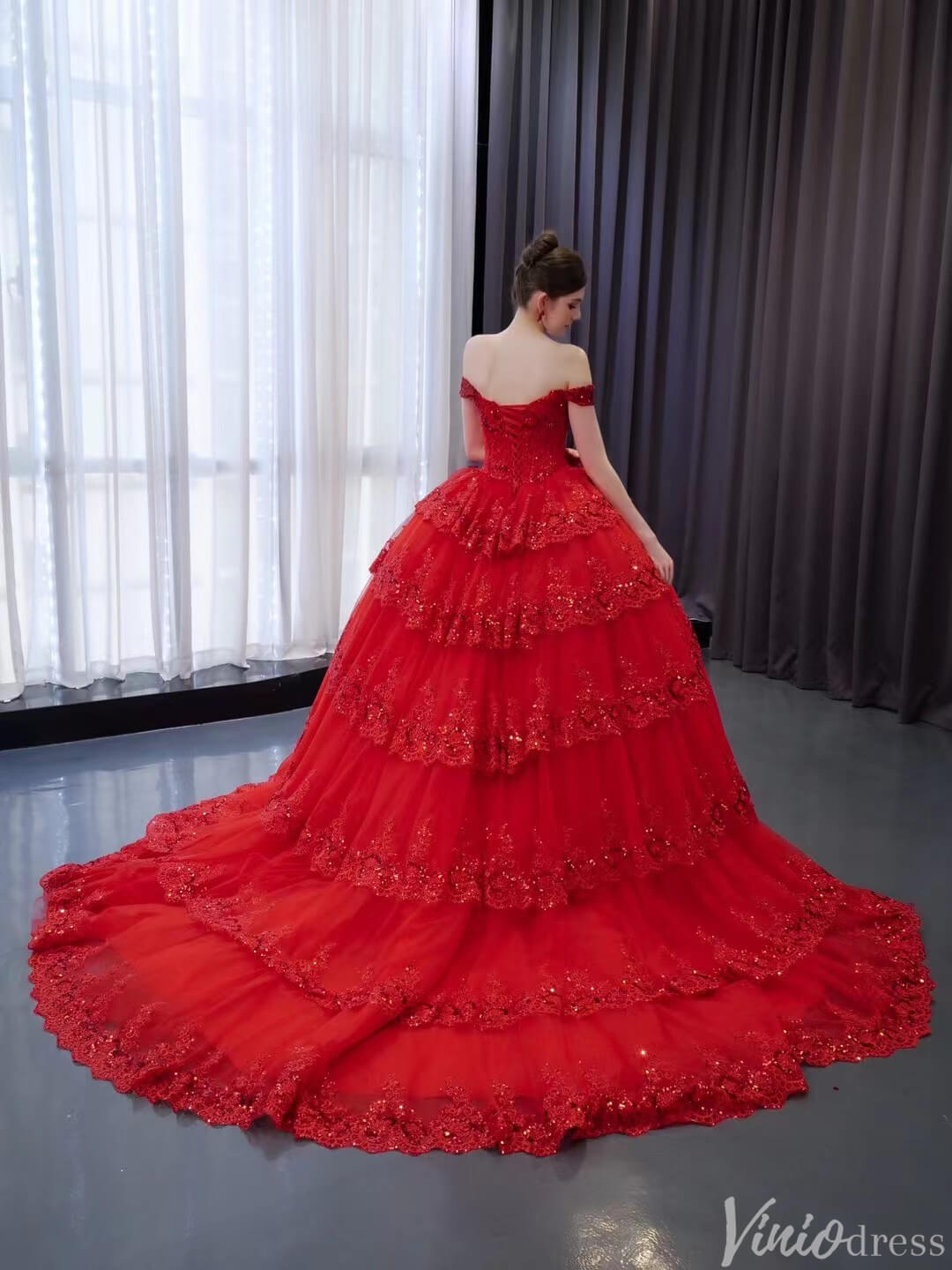 Red Sparkly Lace Applique Tiered Wedding Gowns Off the Shoulder Quince Dress 241089-Quinceanera Dresses 2025 -Viniodress-Red-Custom Size-