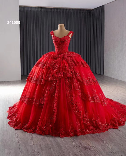 Red Sparkly Lace Applique Tiered Wedding Gowns Off the Shoulder Quince Dress 241089-Quinceanera Dresses 2025 -Viniodress-Red-Custom Size-
