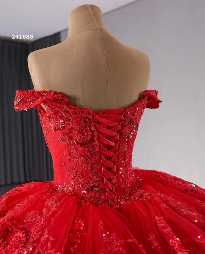 Red Sparkly Lace Applique Tiered Wedding Gowns Off the Shoulder Quince Dress 241089-Quinceanera Dresses 2025 -Viniodress-Red-Custom Size-