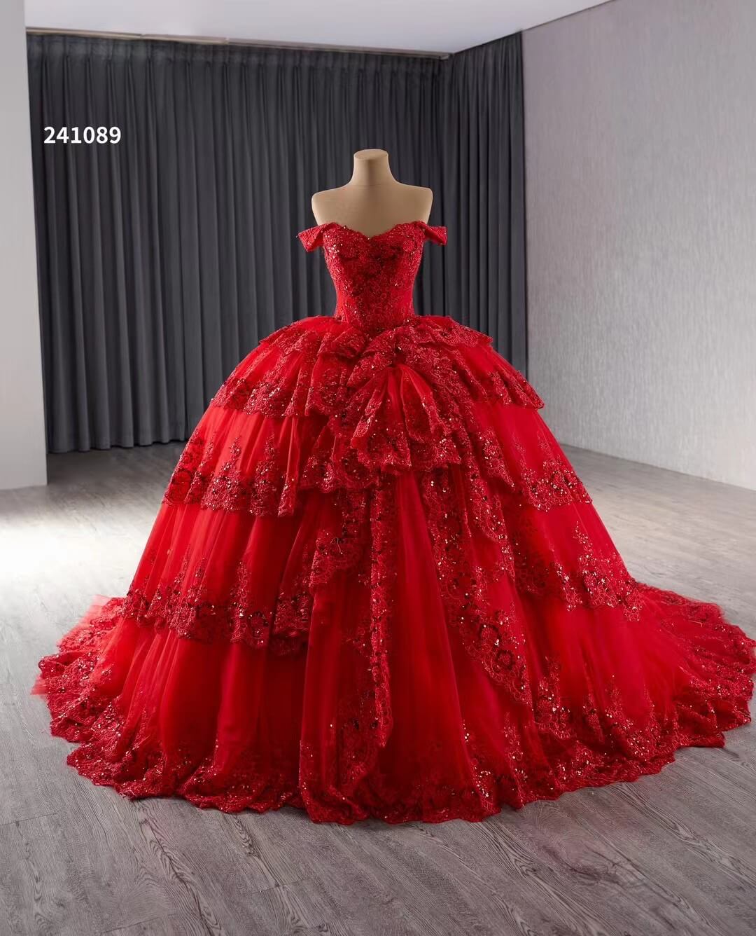 Red Sparkly Lace Applique Tiered Wedding Gowns Off the Shoulder Quince Dress 241089 - ViniodressQuinceanera DressesRedCustom Size - Formal Dresses - Ball Gowns