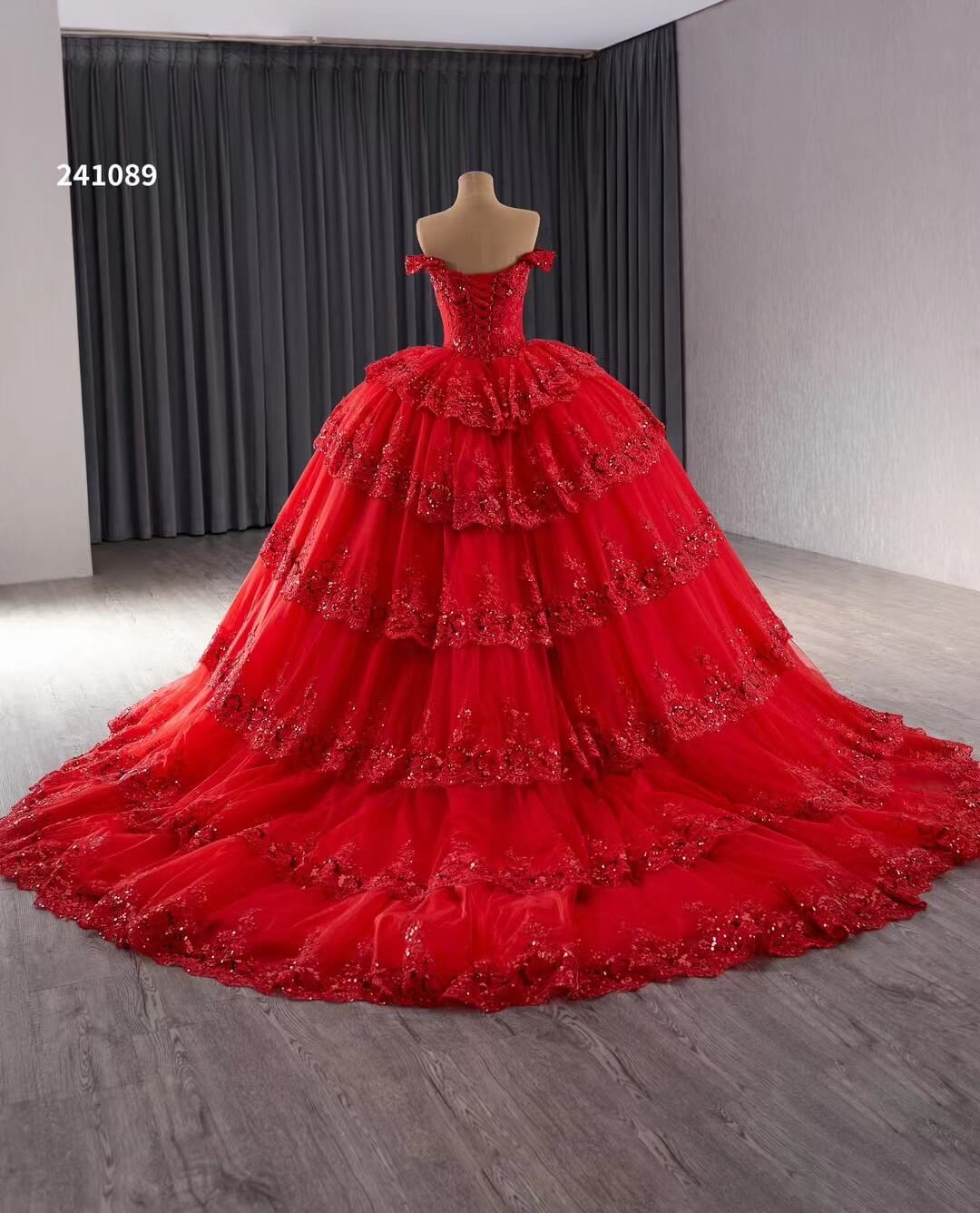 Red Sparkly Lace Applique Tiered Wedding Gowns Off the Shoulder Quince Dress 241089 - ViniodressQuinceanera DressesRedCustom Size - Formal Dresses - Ball Gowns