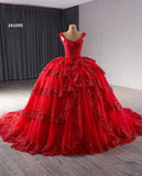 Red Sparkly Lace Applique Tiered Wedding Gowns Off the Shoulder Quince Dress 241089-Quinceanera Dresses-Viniodress-Viniodress