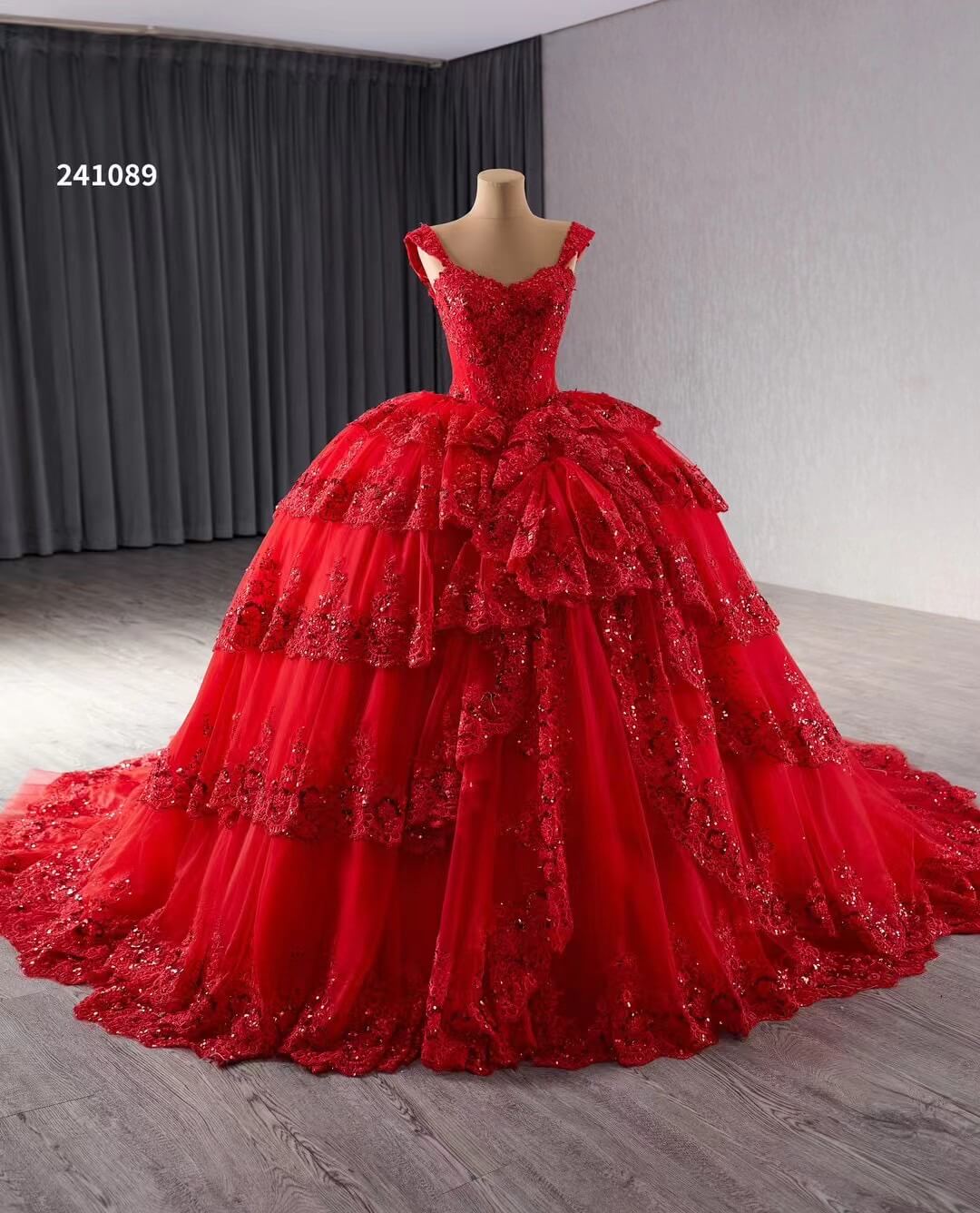 Red Sparkly Lace Applique Tiered Wedding Gowns Off the Shoulder Quince Dress 241089 - ViniodressQuinceanera DressesRedCustom Size - Formal Dresses - Ball Gowns