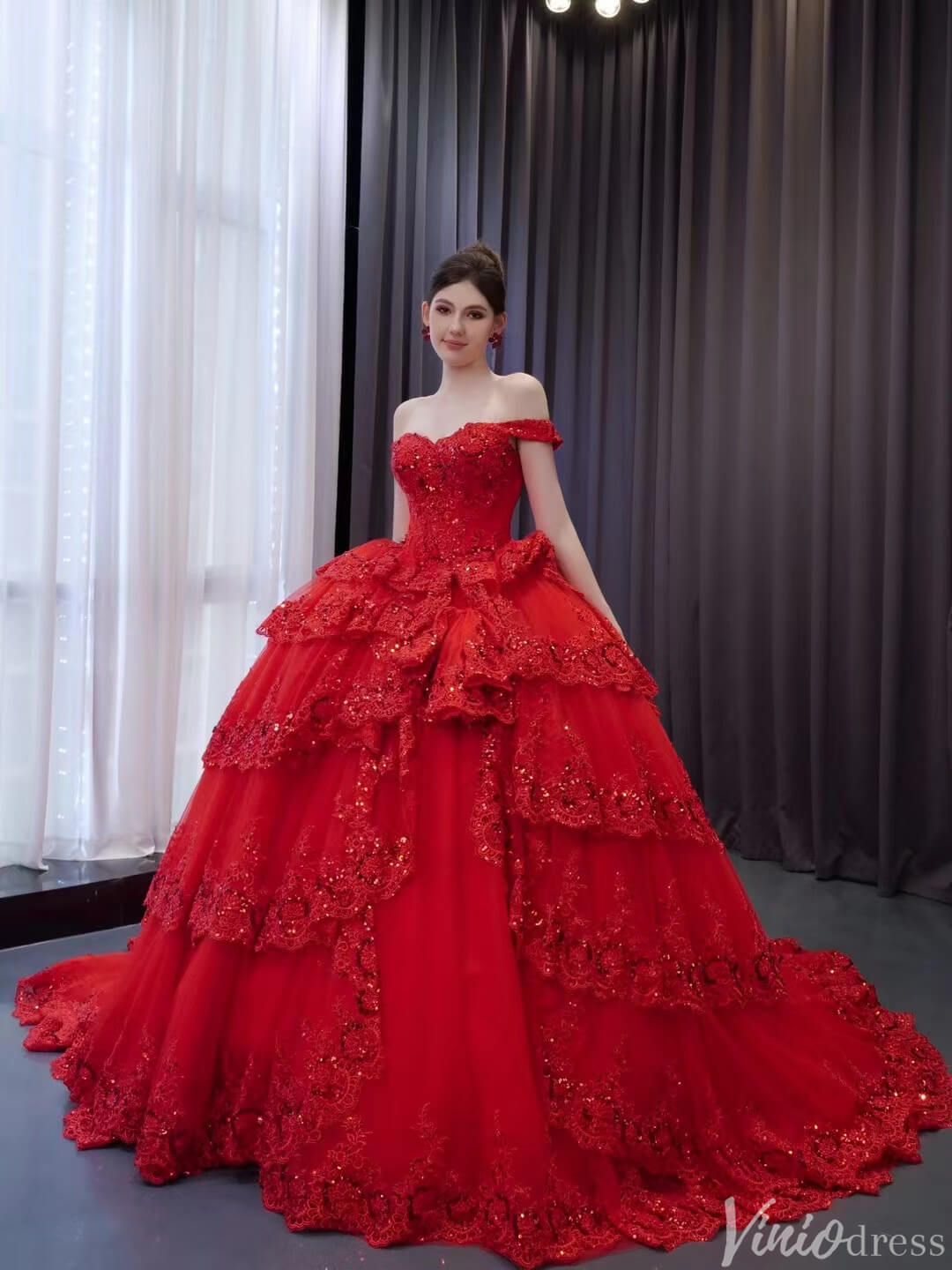 Red Sparkly Lace Applique Tiered Wedding Gowns Off the Shoulder Quince Dress 241089 - ViniodressQuinceanera DressesRedCustom Size - Formal Dresses - Ball Gowns