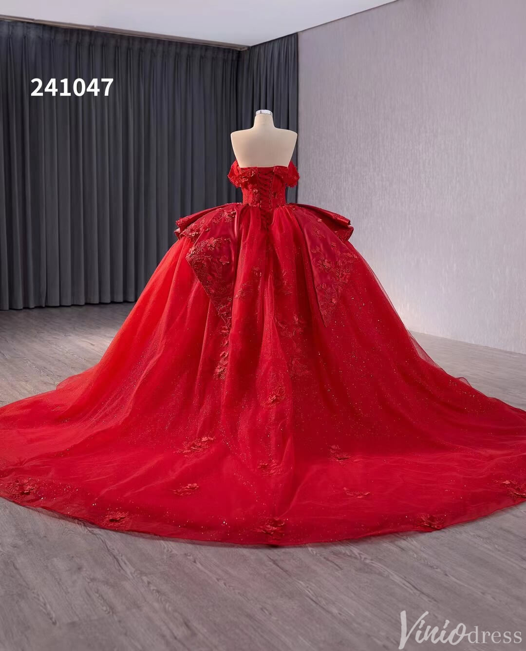 Red Sparkly Lace Applique Wedding Gown Overskirt Off the Shoulder Quinceanera Dress 241047-Quinceanera Dresses-Viniodress-Viniodress