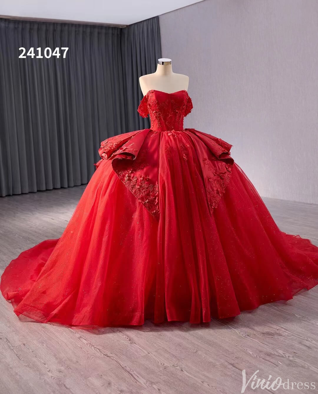 Red Sparkly Lace Applique Wedding Gown Overskirt Off the Shoulder Quinceanera Dress 241047-Quinceanera Dresses-Viniodress-Viniodress