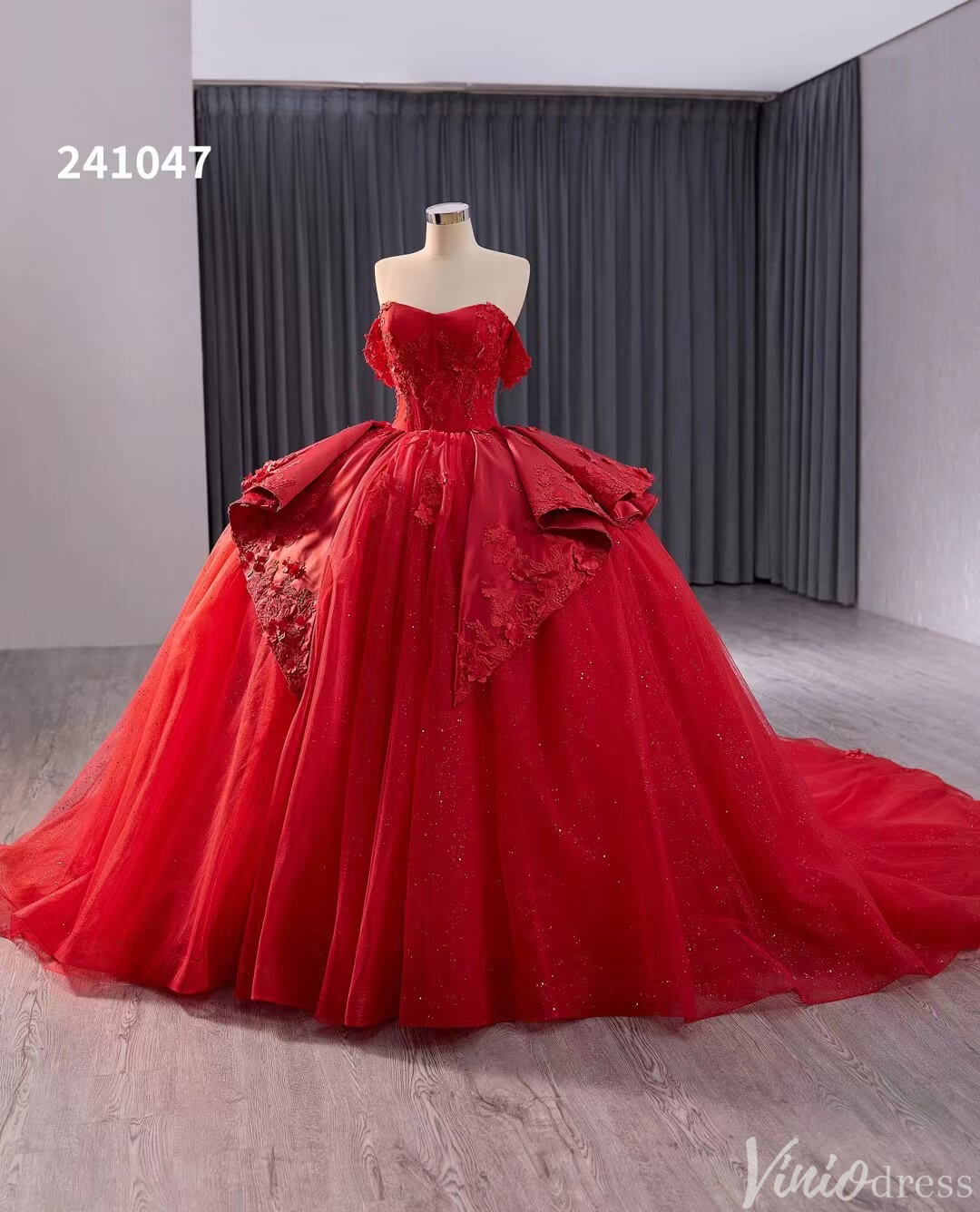 Red Sparkly Lace Applique Wedding Gown Overskirt Off the Shoulder Quinceanera Dress 241047-Quinceanera Dresses-Viniodress-Viniodress