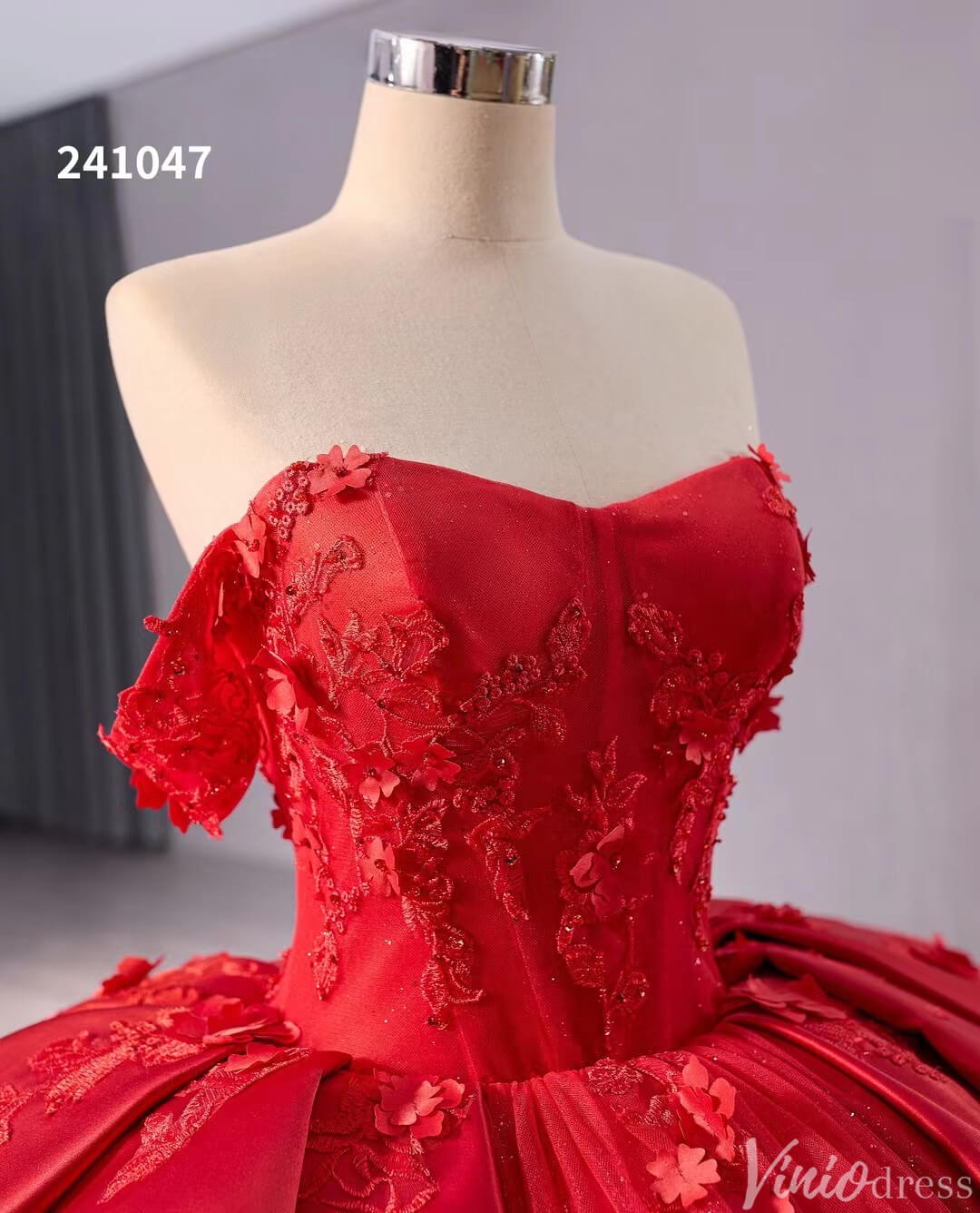 Red Sparkly Lace Applique Wedding Gown Overskirt Off the Shoulder Quinceanera Dress 241047-Quinceanera Dresses-Viniodress-Viniodress