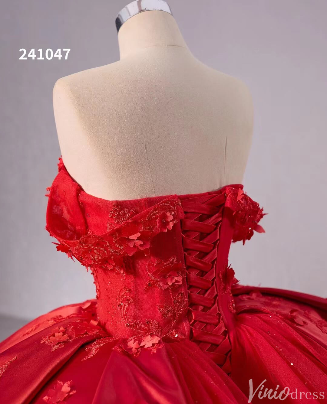 Red Sparkly Lace Applique Wedding Gown Overskirt Off the Shoulder Quinceanera Dress 241047-Quinceanera Dresses-Viniodress-Viniodress