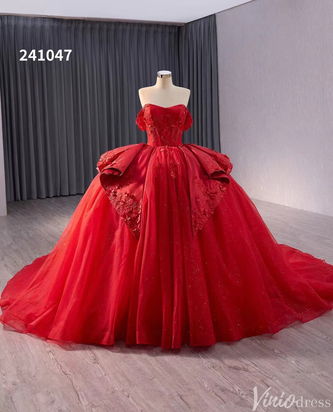 Red Sparkly Lace Applique Wedding Gown Overskirt Off the Shoulder Quinceanera Dress 241047-Quinceanera Dresses-Viniodress-Red-Custom Size-Viniodress