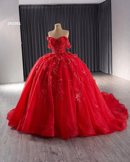 Red Sparkly Lace Applique Wedding Gowns Off the Shoulder Beaded Quince Dress 241081-Quinceanera Dresses 2025 -Viniodress-Red-Custom Size-
