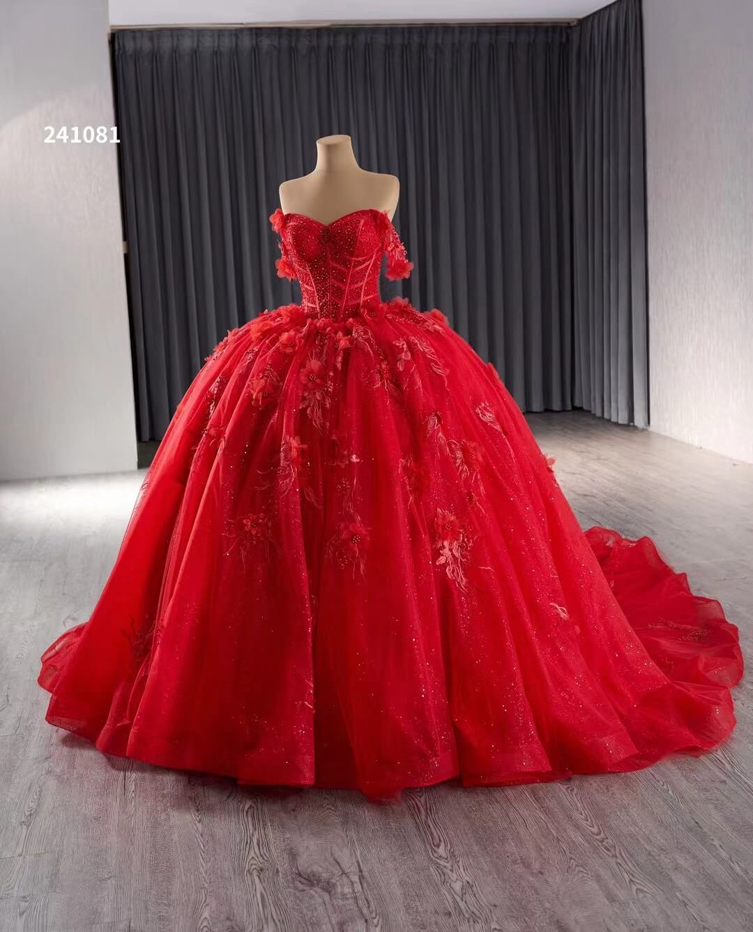 Red Sparkly Lace Applique Wedding Gowns Off the Shoulder Beaded Quince Dress 241081 - ViniodressQuinceanera DressesRedCustom Size - Formal Dresses - Ball Gowns