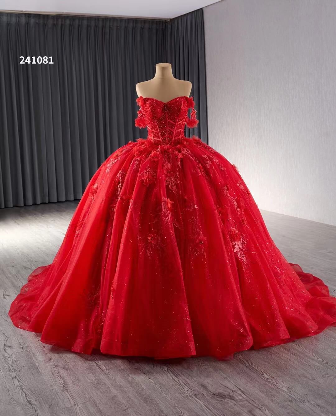 Red Sparkly Lace Applique Wedding Gowns Off the Shoulder Beaded Quince Dress 241081 - ViniodressQuinceanera DressesRedCustom Size - Formal Dresses - Ball Gowns