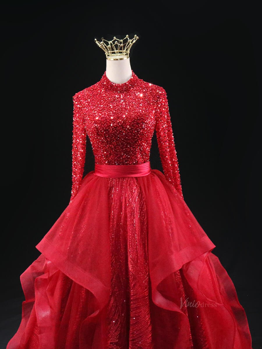 Red Sparkly Prom Dresses with Long Sleeve, Tiered Overskirt, Beaded Bodice, Quinceanera Dresses SU036-prom dresses 2025 -Viniodress-Red-Custom Size-