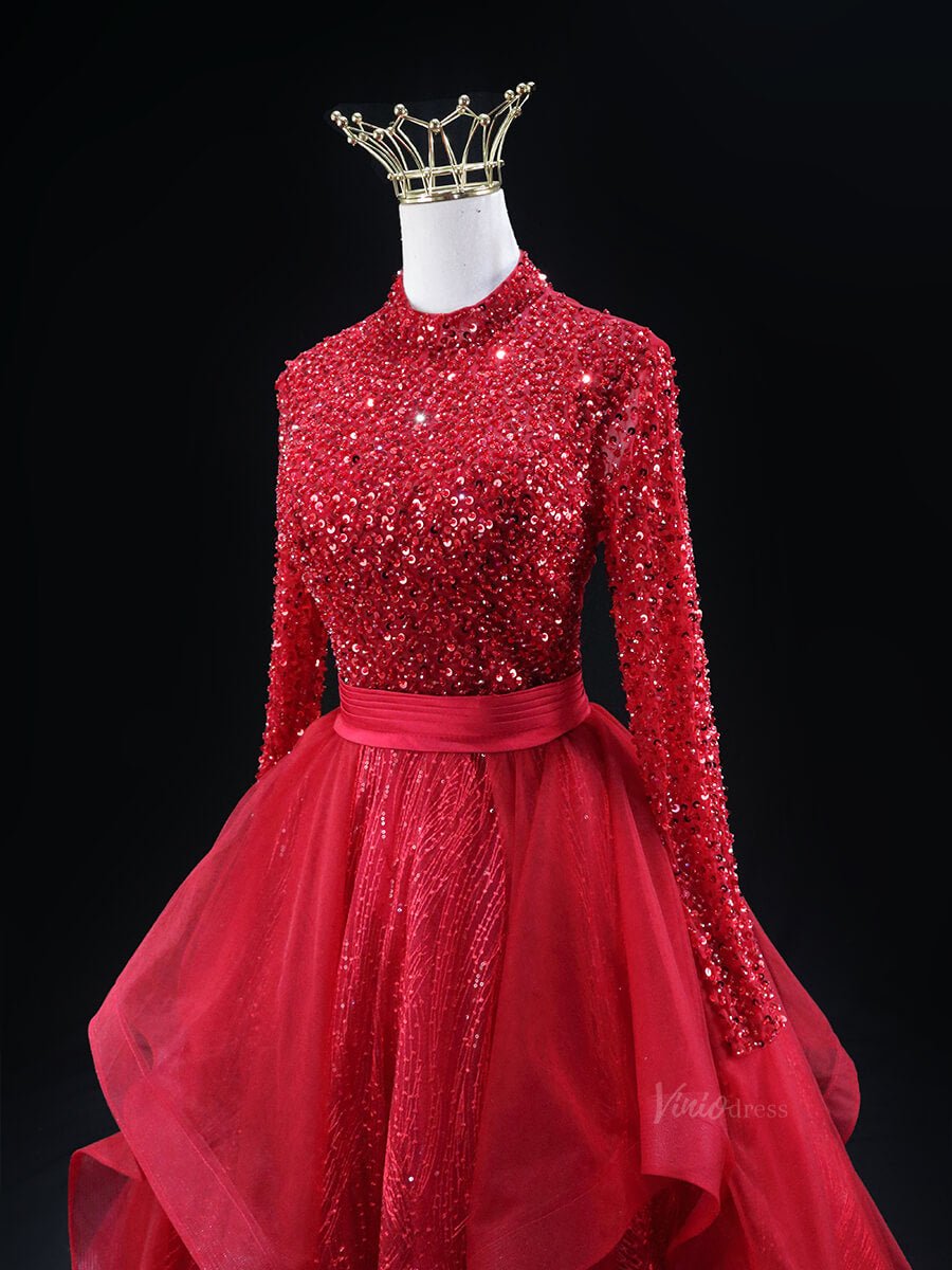 Red Sparkly Prom Dresses with Long Sleeve, Tiered Overskirt, Beaded Bodice, Quinceanera Dresses SU036-prom dresses 2025 -Viniodress-Red-Custom Size-