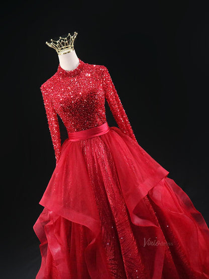 Red Sparkly Prom Dresses with Long Sleeve, Tiered Overskirt, Beaded Bodice, Quinceanera Dresses SU036-prom dresses 2025 -Viniodress-Red-Custom Size-