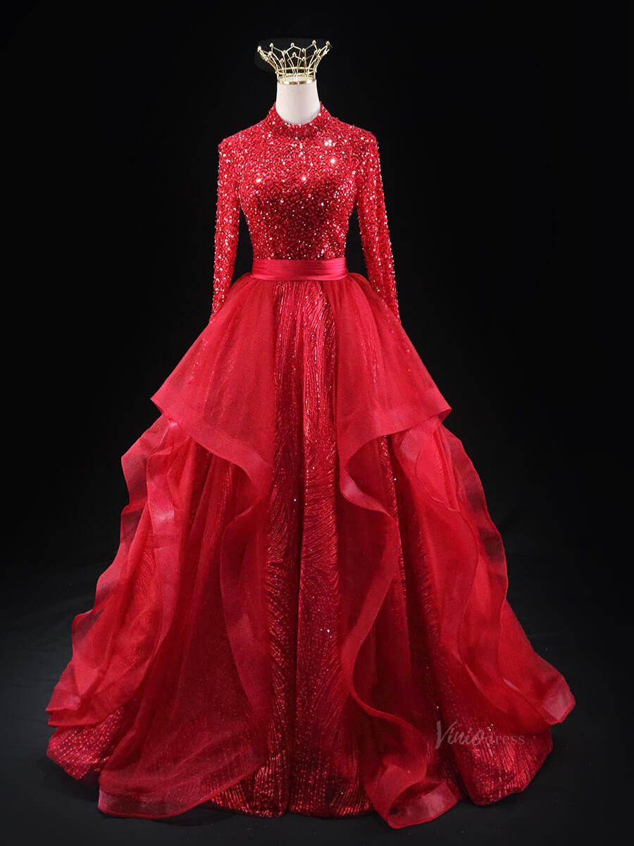 Red Sparkly Prom Dresses with Long Sleeve, Tiered Overskirt, Beaded Bo