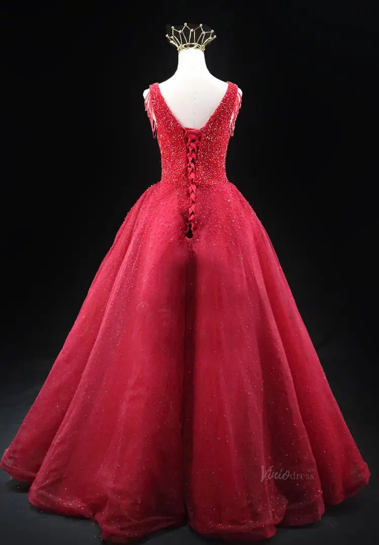 Red Sparkly Tulle Prom Dresses with V-Neck, Beaded Bodice, Tassels, Quince Dresses SU061-prom dresses 2025 -Viniodress-Red-Custom Size-