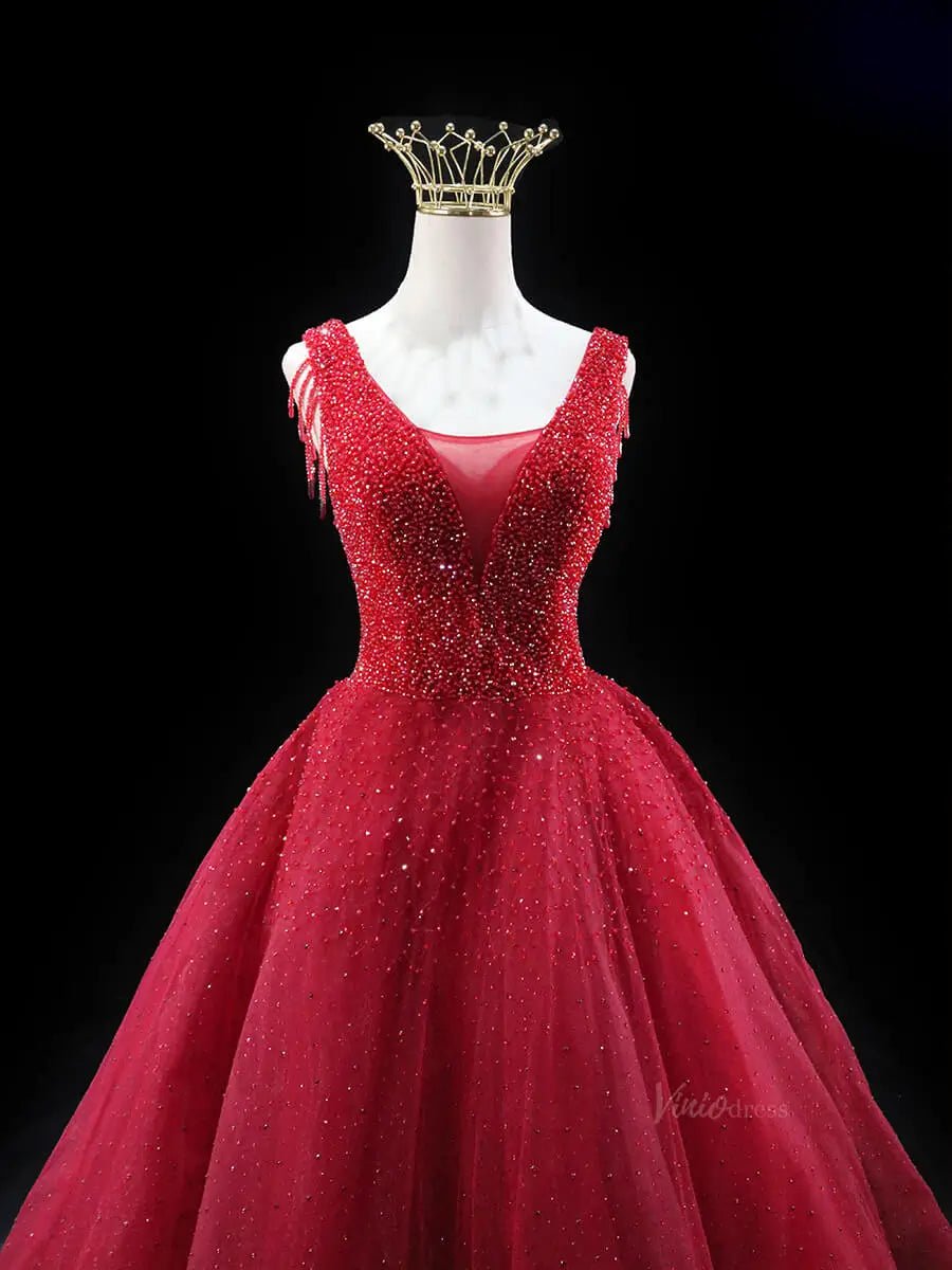 Red Sparkly Tulle Prom Dresses with V-Neck, Beaded Bodice, Tassels, Quince Dresses SU061-prom dresses 2025 -Viniodress-Red-Custom Size-