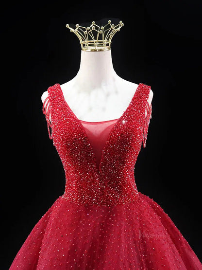 Red Sparkly Tulle Prom Dresses with V-Neck, Beaded Bodice, Tassels, Quince Dresses SU061-prom dresses 2025 -Viniodress-Red-Custom Size-