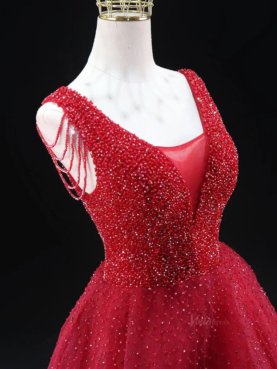Red Sparkly Tulle Prom Dresses with V-Neck, Beaded Bodice, Tassels, Quince Dresses SU061-prom dresses 2025 -Viniodress-Red-Custom Size-