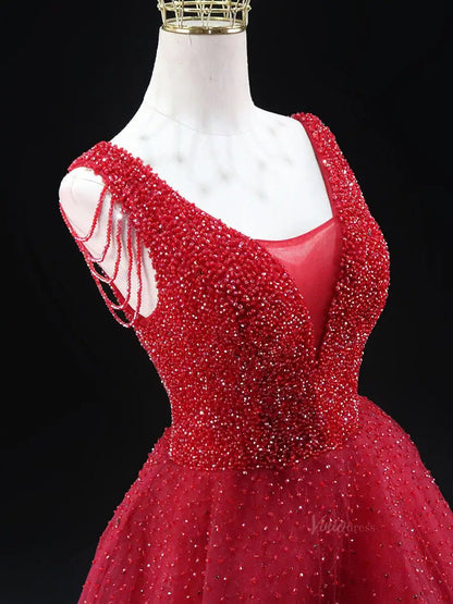 Red Sparkly Tulle Prom Dresses with V-Neck, Beaded Bodice, Tassels, Quince Dresses SU061-prom dresses 2025 -Viniodress-Red-Custom Size-